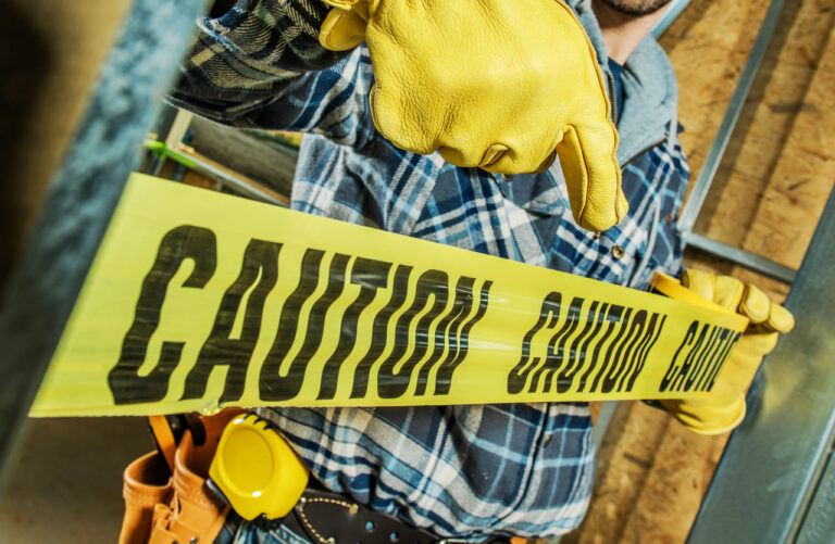 Contractor Fraud -Construction worker standing behind caution tape