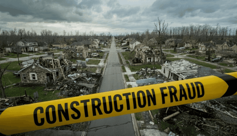 Construction Fraud tape in front of residential tornado disaster