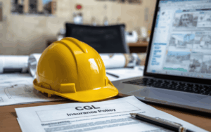 Contractors General Liability Insurance Policy on desktop with hardhat and laptop