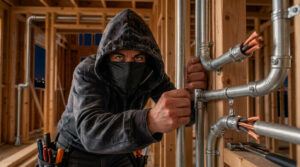 Thief stealing copper from construction site