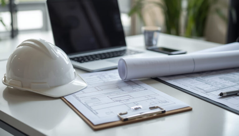 Construction Delay Claims -Hard hat on office desk with construction drawings, laptop and clipboard