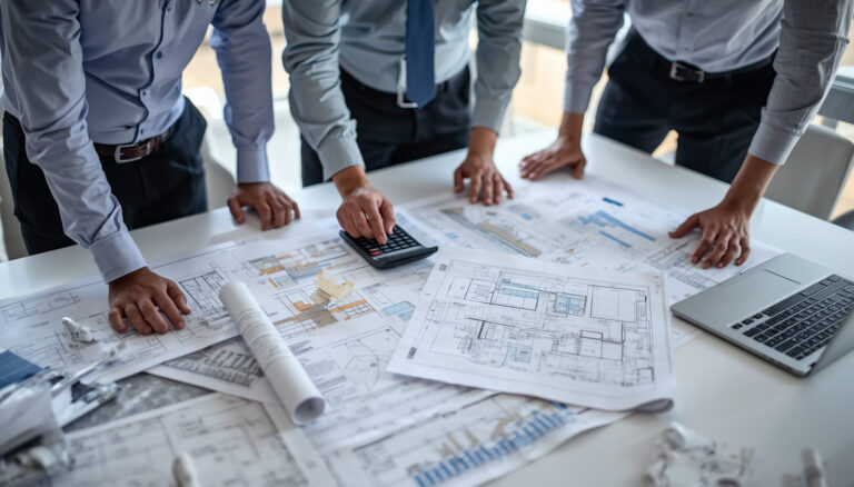 Team in office setting estimating contractors scope of work